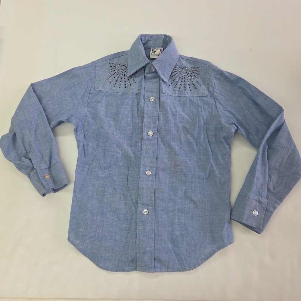 Billy The Kid Shirt Boys 10 Western Blue Denim Button Up Rhinestone‎ Vintage